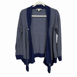Carolyn Taylor Women’s Sz S Navy Blue Open Front Draped Striped Cardigan Sweater